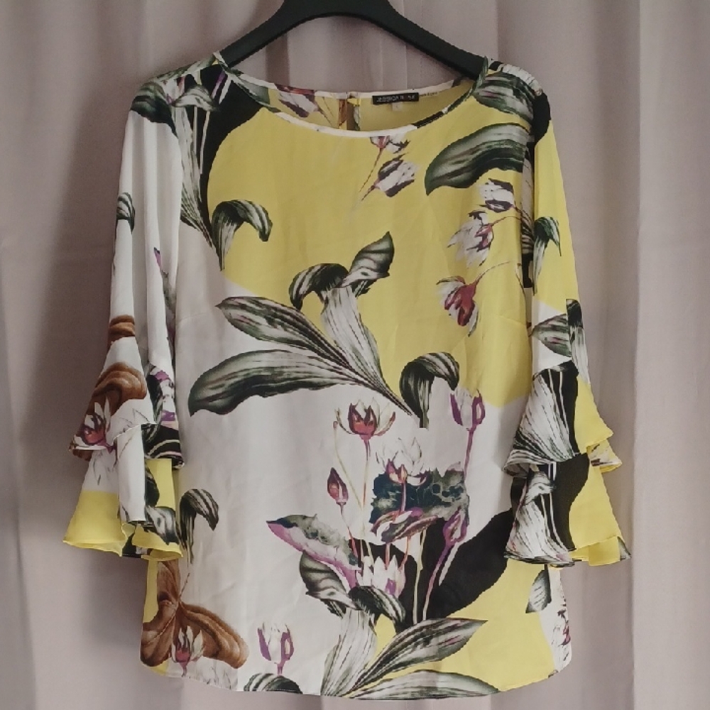 Jessica Rose Sheer Floral Blouse, Ruffle Bell Sleeves